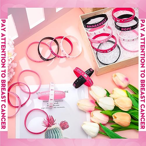 Jenaai 500 Pcs Breast Cancer Awareness Bracelet Bulk Pink Ribbon Silicone Bracelets Rubber Wristbands Hope Faith Strength Courage Inspiring Support Wristbands for Women Charity Gift Decoration4