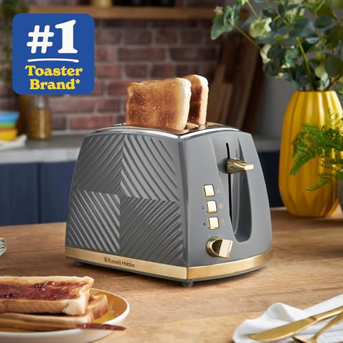 Russell Hobbs Groove 2 Slice Toaster (High Lift, Extra Wide Slots, 6 Browning levels, Frozen/Cancel/Reheat function - Illuminated buttons, Removable crumb tray, 850W, Grey, Brushed gold accents) 26392 - Image 3