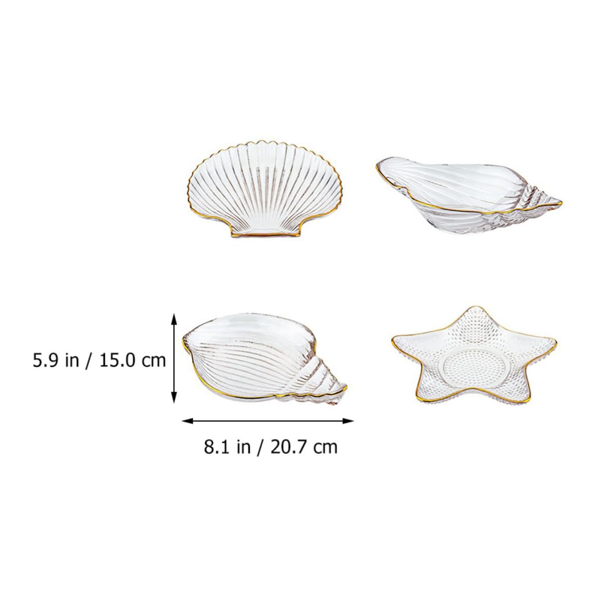 Genérico Bandejas Transparentes Doradas para Joyas y Frutas, Juego de 4 Piezas Diseño Marino, Bandeja Multiusos de Vidrio para Exhibición y Almacenamiento en Hogar, Hotel y Restaurante