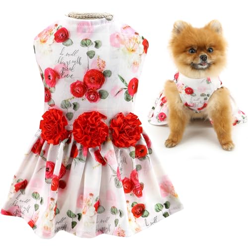 SMALLLEE_LUCKY_STORE Dog Dress for Small Dog Girls Princess Pet Skirts with Red Rose and Flowers Puppy Clothes Birthday Holiday Valentine Wedding Chihuahua Cat Apparel, Red Rose, S