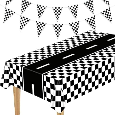 Piokio Race Car Tablecloths & Black and White Checkered Flag Banner Cover
