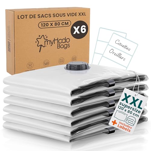 Sacs Sous Vide Extra Grandes XXL myHodo (Lot de 6, 80x120 cm) – Housses Réutilisables pour Ranger Couettes, Oreillers et Vêtements Volumineux, Sac de...