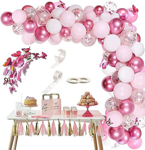 Kit De Guirnaldas Con Globos Rosa, 117 Piezas Globos De Cumpleaños Niña Con Mariposas Decoración, Globos Rosas Y Blancos Arcos De Globos Para Decoracion Cumpleaños Boda Baby Shower