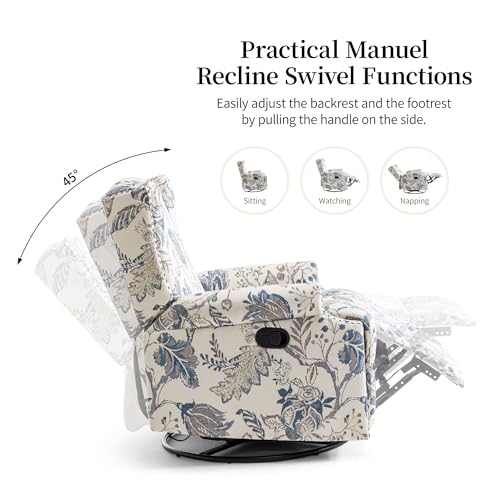 Image of Swivel Rocker Recliner Chairs Set of 2, 360 Swivel Wingback Recliner Chairs for Adults, Upholstered Printed Fabric Glider Rocking Chair with High Back, Deep Seat for Living Romm Bedroom, Plants Blue
