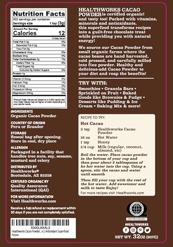 Image of Healthworks Superfoods Organic Cacao Powder - 32 Oz / 2 Lbs - Cocoa Chocolate Substitute - Rich Chocolate Flavour - Sugar-Free, Keto, Vegan & Non-GMO - Peruvian Bean /Nut Origin - Antioxidant Superfood