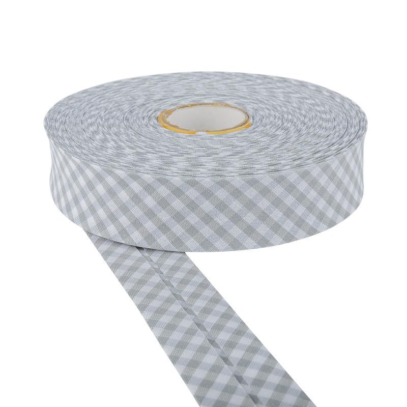 DLF 30mm Cotton Gingham Bias Binding Tape |Double Fold– 5m & 25m Options |Soft Edging for Sewing, Bunting, Crafts, Quilting, Piping & Garment Finishing(Grey, 25m)