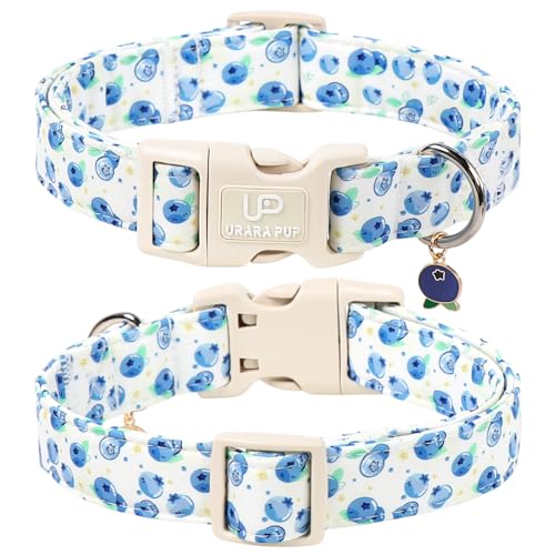 Image of Blueberry Dog Collar, Summer Spring Cotton Dog Collar, Cute Fruit Pattern Adjustable Light Blue Pet Collar, Lightweight Durable Quick Release Buckle with Charm for Male Female Dogs