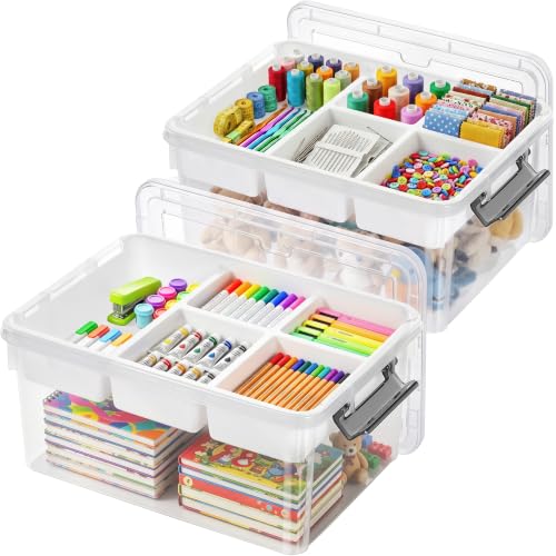Image of 17QT 2Packs Clear Craft Organizers and Storage with Fixed-Compartment Tray, Art Supply Organizers and Storage, Craft Storage Bins with Lids for Beads, Markers, Playdoh, Tools and Coloring Books