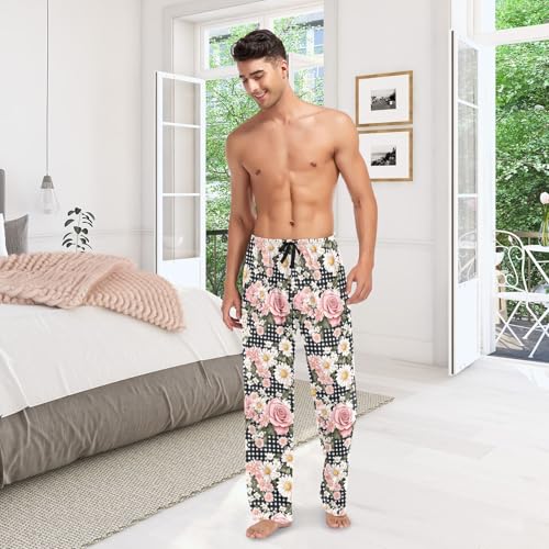 Men's Pink Roses Daisies Pajama Pants with Pockets - Straight Fit Cotton Sleep Bottoms for Lounge & Nightwear#93 6