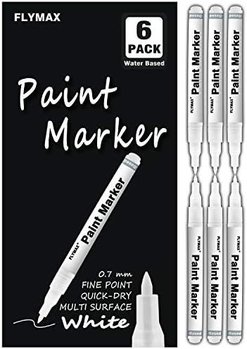 FLYMAX White Paint Pen, 6 Pack 0.7mm Acrylic White Permanent Marker White Paint Pens for Wood Rock Plastic Leather Glass Stone Metal Canvas Ceramic Marker Extra Very Fine Point Opaque Ink