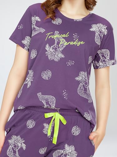 Image of ZEYO Night Suit for Women's Cheetah & Floral Printed Cotton Night Dress of Top,Pajama & Short's 3Pc'S Set 5733