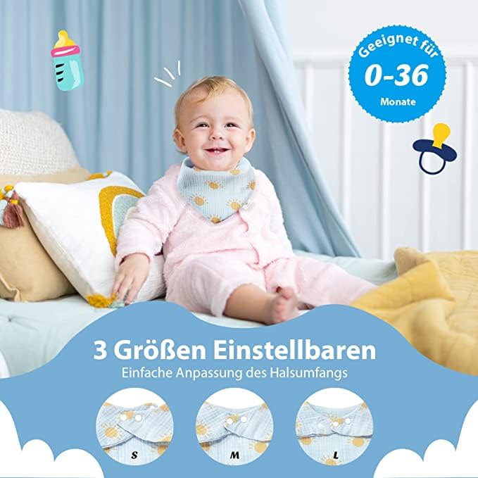 Ouqidillc Bib Baby Triangular Scarf Absorbent,6-Layer Muslin Neckerchief Baby with Adjustable Press Stud,Soft Baby Drool Bibs for Boys and Girls,Infants,Toddlers,Unisex,Pack of 6,multicoloured - Image 2