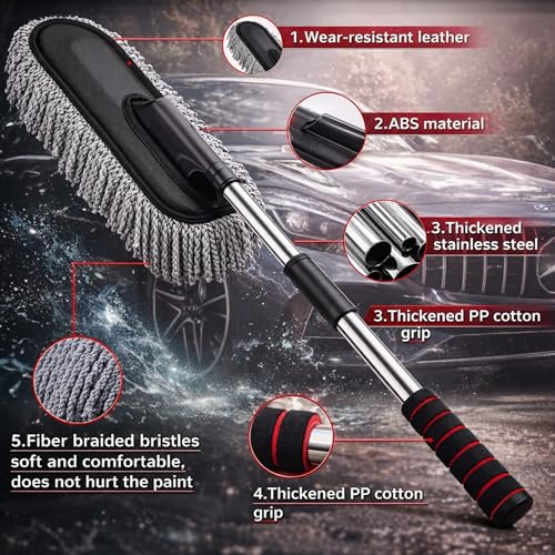 Image of 6-in-1 Car Cleaning Brush Combo - Telescopic Microfiber Duster, Soft Bristle Detailing Brushes, AC Vent & Dashboard Cleaners, EVA-Grip Handles & Hooks - Scratch-Free Interior /Exterior Car Care Kit