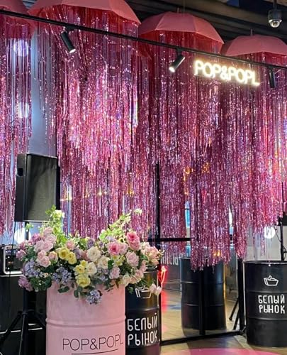 Image of GOER 3.2 ft x 8.2 ft Metallic Tinsel Foil Fringe Curtains Party Photo Backdrop Party Streamers for Birthday,Graduation,New Year Eve Decorations Wedding Decor(1 Pack,Laser Pink)