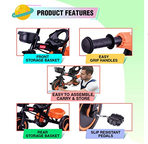 Image of Luvlap Joy Baby Cycle / Tricycle For Kids, 3 To 5 Yrs, Upto 25 Kg, Adjustable Safety Belt, Front & Rear Baskets, 2 Position Adjustment (Orange)