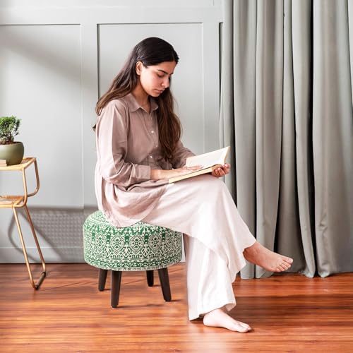 Image of nestroots Wooden Ottoman Stools for Living Room | Printed Poufes for Sitting, Foot Rest with 4 Wooden Legs | 14 Inch Height, Green | Stylish & Comfortable Furniture for Home Decor