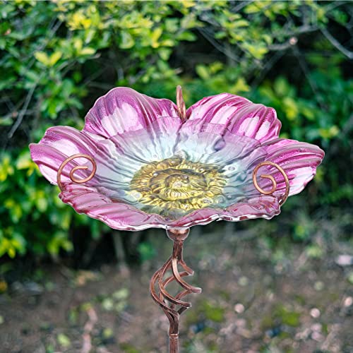 Image of MUMTOP Glass Birdbath Birdfeeder with Metal Stake Garden Yard Outdoor Pink