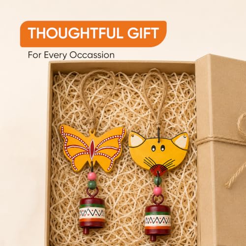 Image of Aakriti Art Creations Flutter & Whisker Wooden Hanging Bells Set | Handmade Modern Art Wooden & Metal Wind Chimes | Indoor & Outdoor Hanging Bells for Balcony, Garden, Living Room & Gifting