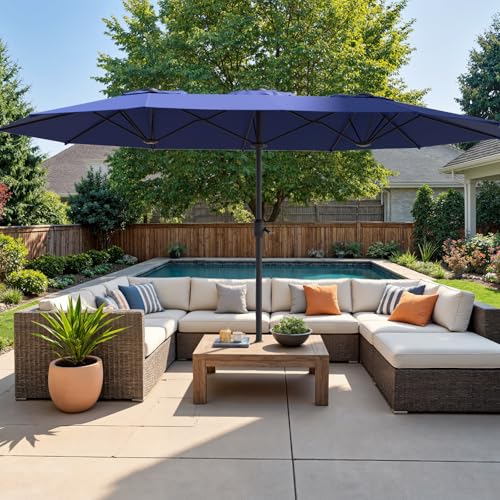 Ariiles 15ft Double-Sided Outdoor Patio Umbrella, Table Umbrellas with Steel Ribs, Easy Crank, Market Umbrella for Backyard & Pool, Blue, No Base