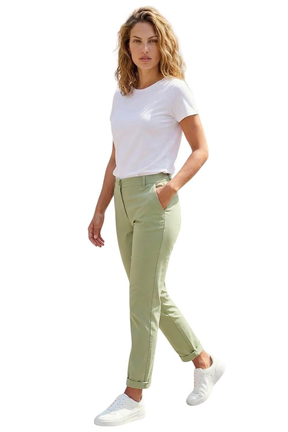 Roman Plain Cotton Chino Trousers, Green, Size 18, Women