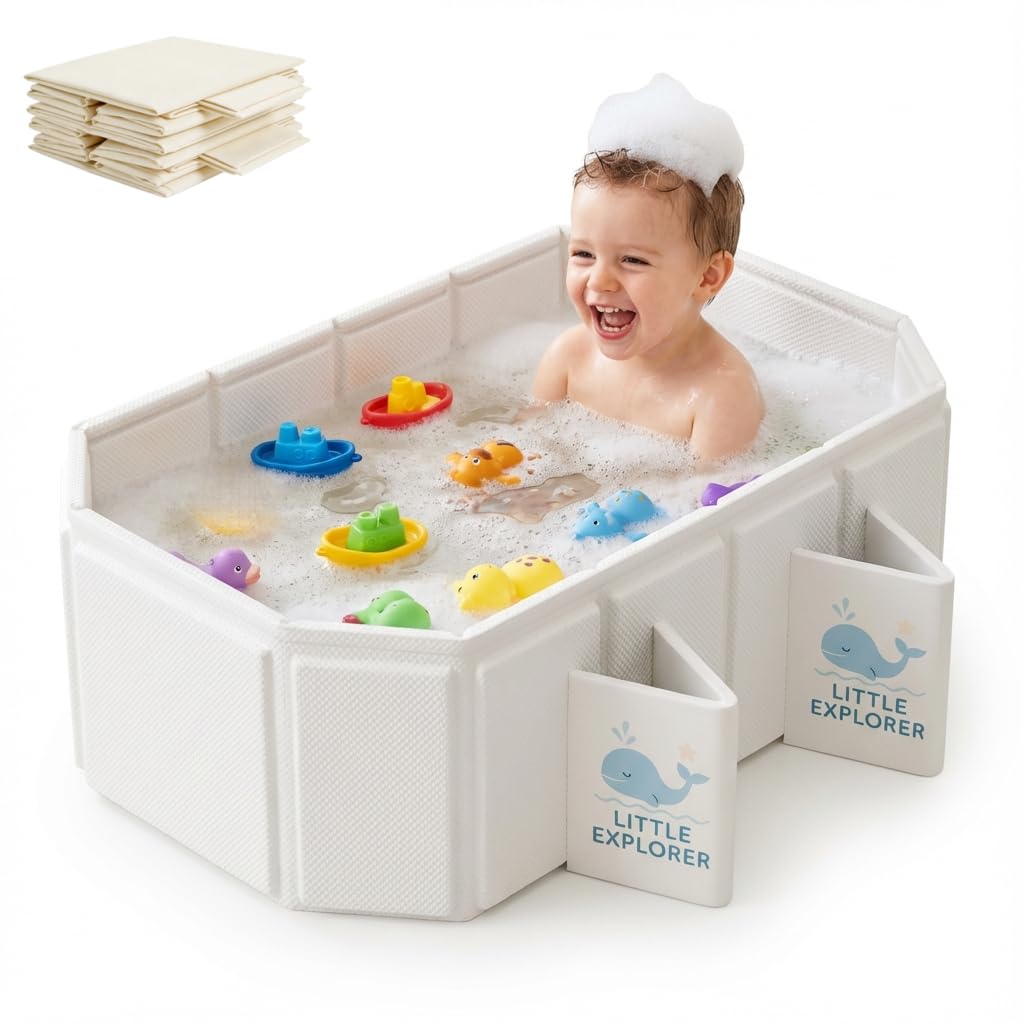 Babywanne Faltbar für Babys & Kleinkinder von 0–6 Jahren, Faltbare Babybadewanne für Bad & Dusche, Kinderbadewanne mit 4 Stabilen Standfüßen und Doppeltem Ablauf, Platzsparend & Tragbar, Off-White