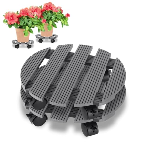 Ikodm 2X WPC Pflanzenroller Rund Ø 30 x 7,5 cm｜Blumenroller mit Rollen, Rolluntersetzer Tragkraft 80 kg｜Kübelroller für den Innen- und Außenbereich｜Rollbrett für Pflanzen, Blumentopf (Anthrazit)