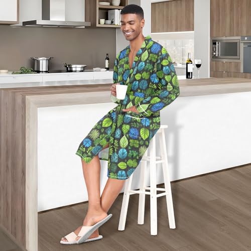 Men’s Robe Leaf Pattern Print, Long Sleeve Bathrobe for Sleep Shower-M2