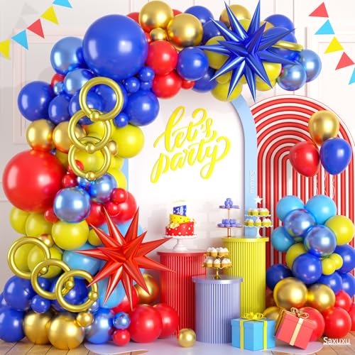 Arche de ballons carnaval cirque avec ballons rouge bleu jaune et étoiles dorées