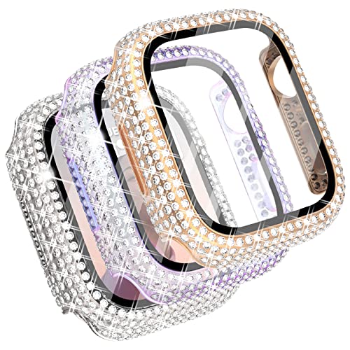 Fullife 3-Pack Compatible with Bling Apple Watch Series 9 45mm Cases Crystal Diamond Protective Bumper Covers with Screen Protector for iWatch Series 9 8 7 Men Women, (45mm, Rosegold/Rainbow/Clear)