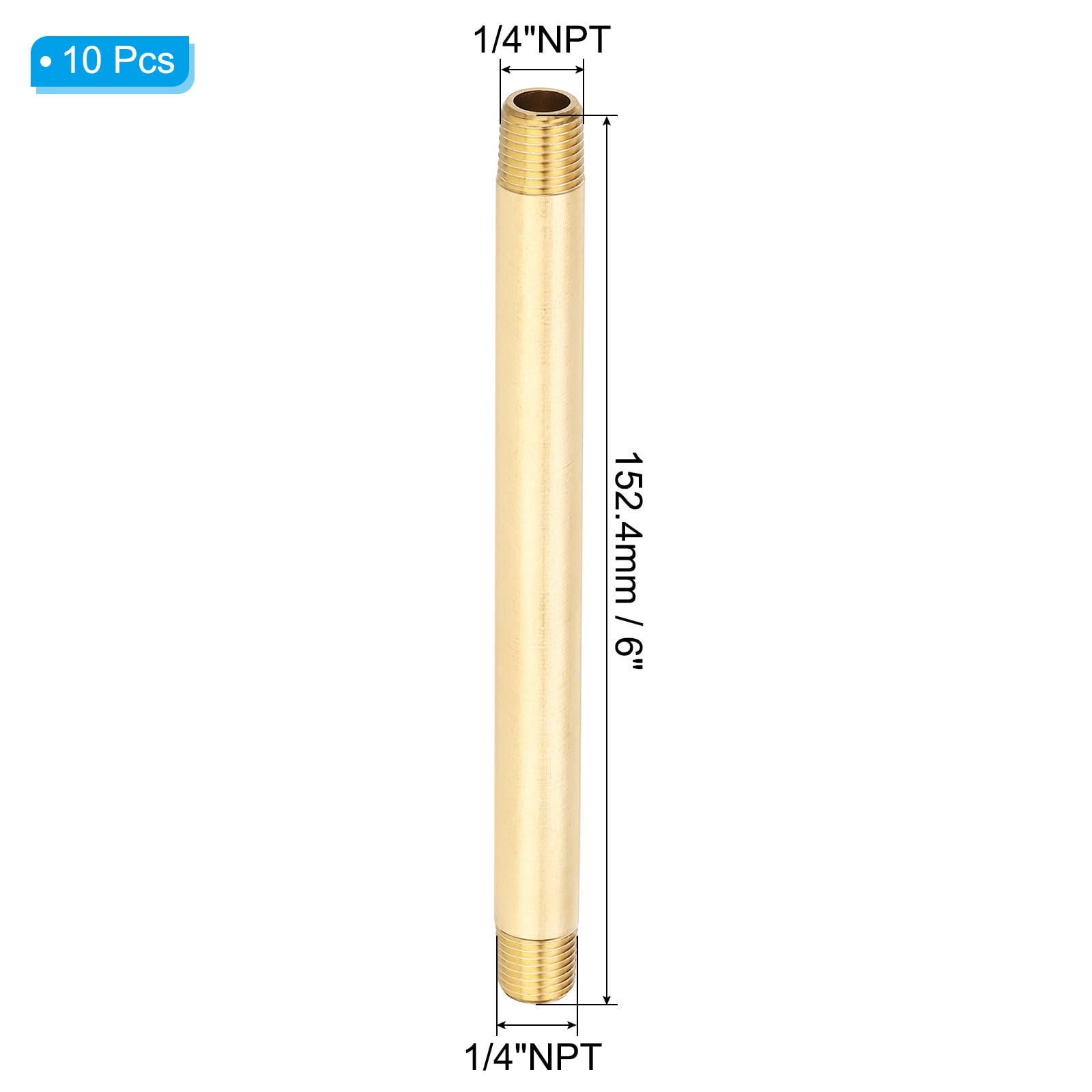 PATIKIL 1/4" x 1/4" NPT Maschio Raccordo in Ottone Tubo Lungo, 10Pz 152.4mm (6") Lungo Raccordo Tubo Diritto Connettore Prolungatore per Carburante, Aria, Acqua, Olio, Sistemi Gas