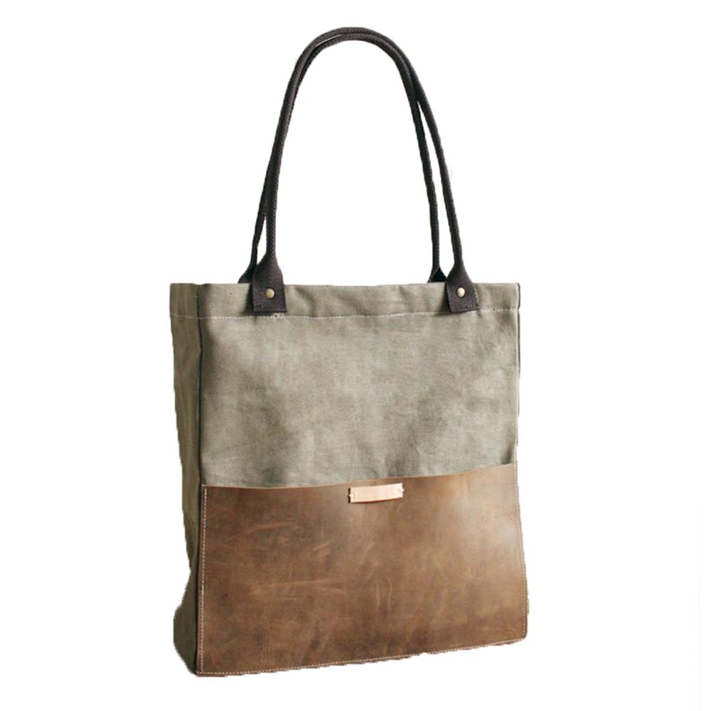 Fantasylinen Large Handcrafted Canvas Leather Casual Tote Bag Shopper Bag Handbag For Women in Khaki Green