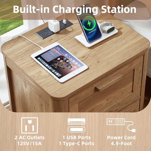 Image of Joaxswe Farmhouse Nightstand with Charging Station, End Tables Bedroom with 2 Large Drawers & 4 Thickened Table Legs, Brown