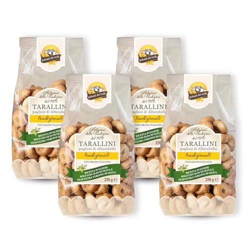 Golosità dei Trulli | Taralli Pugliesi Tradizionali con Olio di Oliva e Semola di Grano Duro Pugliese, Tarallini per Aperitivo, Snack Salati | 4 Confezioni da 250 gr