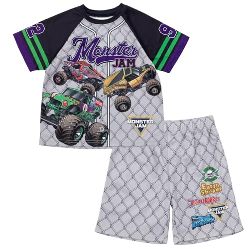 Monster Jam Grave Digger Megalodon Little Boys Mesh Baseball Jersey Athletic T-Shirt & Shorts Outfit Set Gray/Black 5