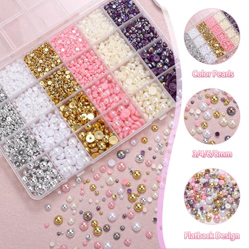 Image of 9000Pcs Flatback Pearls for Crafting, Silver Gold White Nail Half Pearls, 3-8mm Color Pink Beige Purple Half Round ABS Flatback Pearl Gems Bedazzling for Nails DIY Shoes Clothes Bags