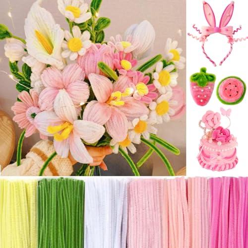 Tazweeq Pink Pipe Cleaners Craft for Flowers Pastel Chenille Stems for DIY Art Projects Creative Gift Bulk Fuzzy Pipe Cleaner Flower Kit Ideals for Party Decor (600 Pcs 6 Colors Pink Flower)