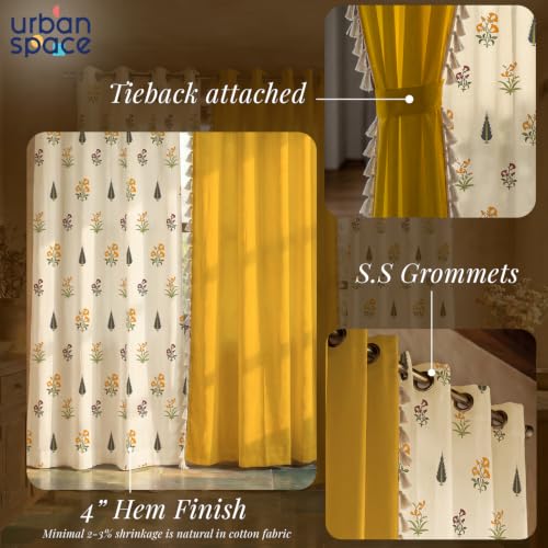 Image of Urban Space Floral 100% Cotton Curtains For Window, Set Of 3 Curtains 5 Feet Long, 60-65% Light-Filtering Curtain, Tieback&Eyelets Included With Curtains For Home Decor (High Garden & Yellow, 5 Feet)