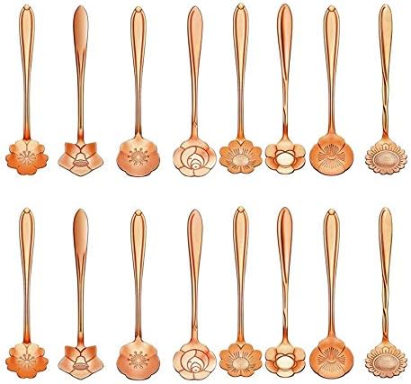 16 Pack Stainless Steel Tableware Creative Flower Coffee Spoon Sugar Spoon Tea Spoon Stir Bar Spoon Stirring Spoon, 8 Different Patterns,2 sets (Rose Gold)