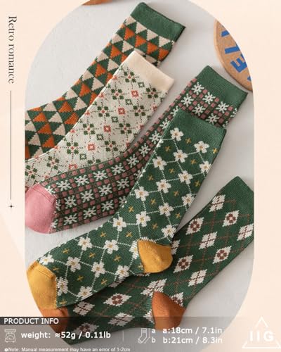 Image of IIG 3-5 Pairs Womens Vintage Cozy Crew Socks Soft Cute Neutral Cotton Socks Exquisite Patterns Socks Gift