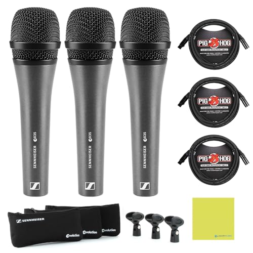Liquid Audio 3-Pack E835 Dynamic Cardioid Microphone, Black Bundle w/ 3-Pack Pig Hog PHM10 8mm Mic XLR Cable Polishing Cloth