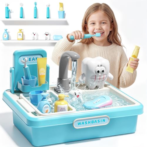 Kids Play Sink Toy with Running Water 15Pcs Dentist Play Set Electric Auto Water Circulation Play Sink Toy Develop Kids Good Hand Washing & Dental Care Habits Toys for 2 3 4 5 Year Old Boys Girls