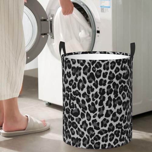 Image of Grey Leopard Round Laundry Hamper Cheetah Gray Storage Basket Toys Clothes Organizer Bin For Home Bathroom Bedroom Dorm Nursery, 38l