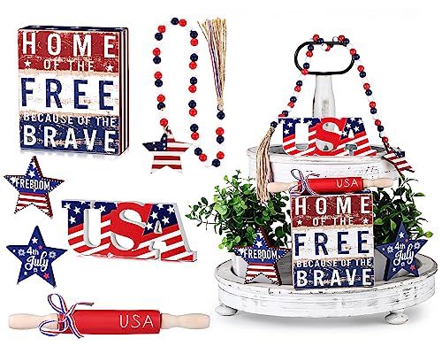 Leinuosen 6 Pieces 4th of July Tiered Tray Decor Patriotic Wooden Stars Signs for Table American Flag Usa Wooden Block Farmhouse Rustic Decorations for Kitchen Memorial Day Independence