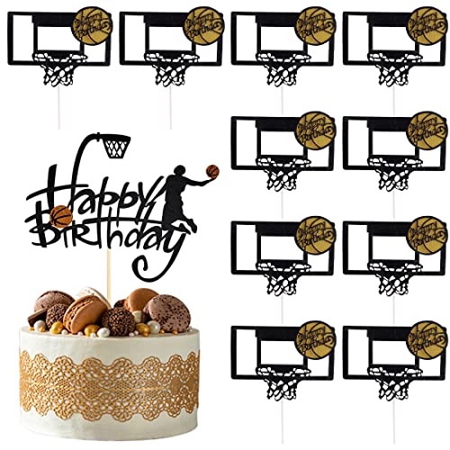 SCJJZ decoracion tarta,decoracion tartas cumpleaños,decoración tarta cumpleaños,cake topper,feliz cumpleaños,1 pieza de tarjetas de cumpleaños + 10 piezas de canasta y decoraciones de fiesta slam dunk Cover