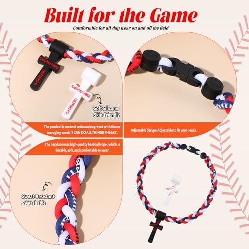 Rofusn Baseball Rope Necklace with Cross Pendant: Braided Rope String Sports Necklace for Men Women - Navy Red White by Rofusn - Used condition - Image 3