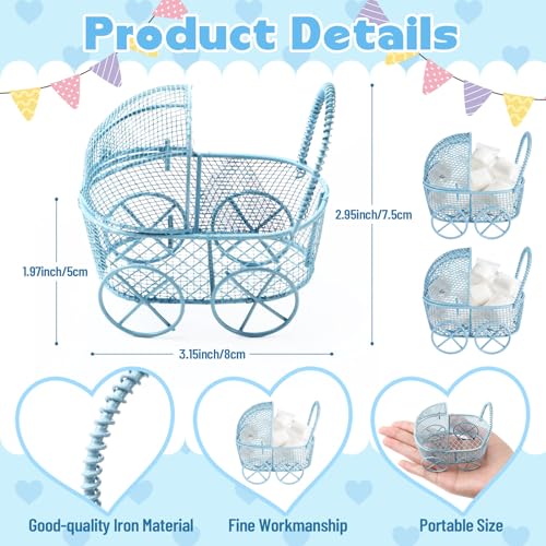 Image of Threehoney 24 Pcs Baby Shower Mini Carriage Decoration Blue Metal Wired Fillable Candy Stroller Baby Shower Table Centerpiece for Guest Gender Reveal Wedding Party Favor Gift
