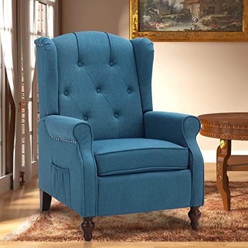 LETATA Wingback Recliner Chair Heated Massage Sofa, Vintage Upholstered Accent Chair Mid-Century, Pushback Tufted Fabric Reclining Armchair for Living Room,Home (Blue)