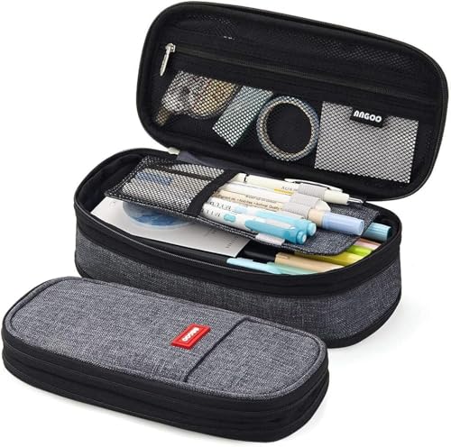 Image of FineMoe Large Pencil Case Stationery Items for Girls and Boys, Canvas Bags Pen Pencil Pouch for School College and Office, Organize Makeup Cosmetic, Aesthetic Cute Stationary Box for Daily Use (Black)