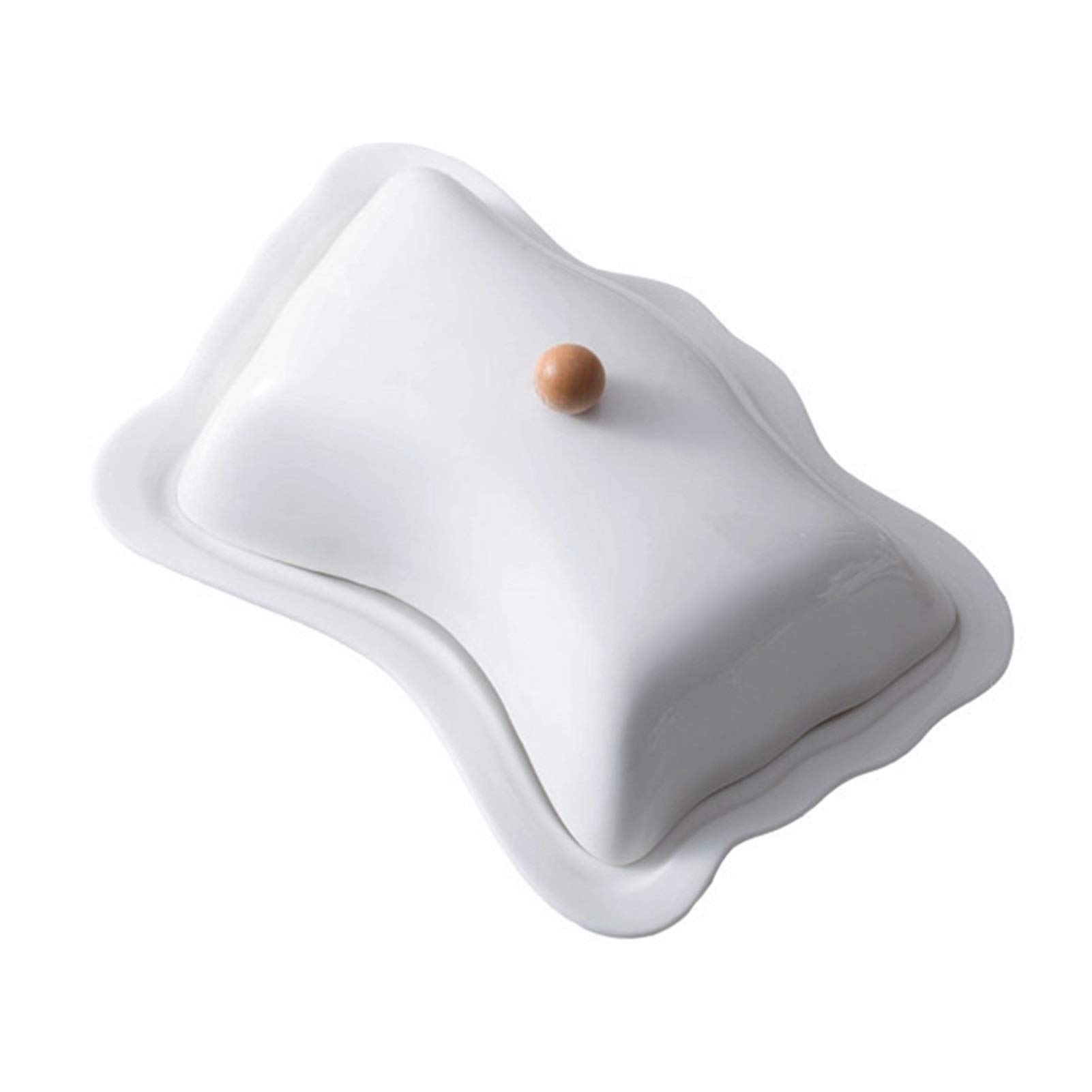 Butterteller für Arbeitsplatte Keramik Buttergericht mit Deckel - Holzboden Butter Keeper Küche Margarine Halter Käse Aufbewahrungstablett Butter Behälter (weiß) Butterbehälter, Butterspeicherung