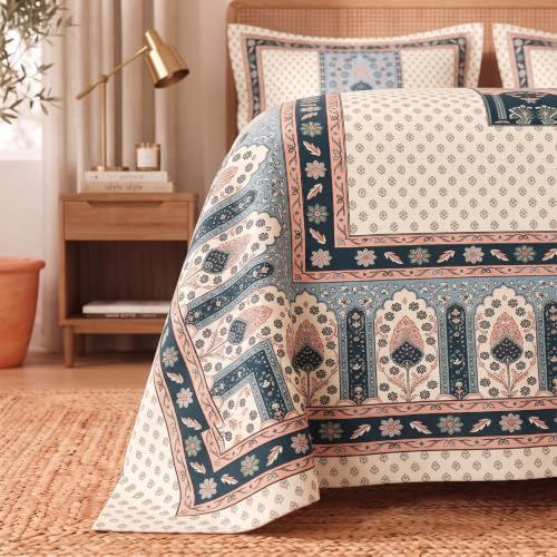 Image of BSB HOME 240 TC Cotton Feel Double Bedsheet with 2 Pillow Covers, Premium Soft Breathable Bed Sheet Set, Fade Resistant, All-Season, Easy Care, 90 x 100 Inches (228 x 254 cm) - Indigo & Warm White